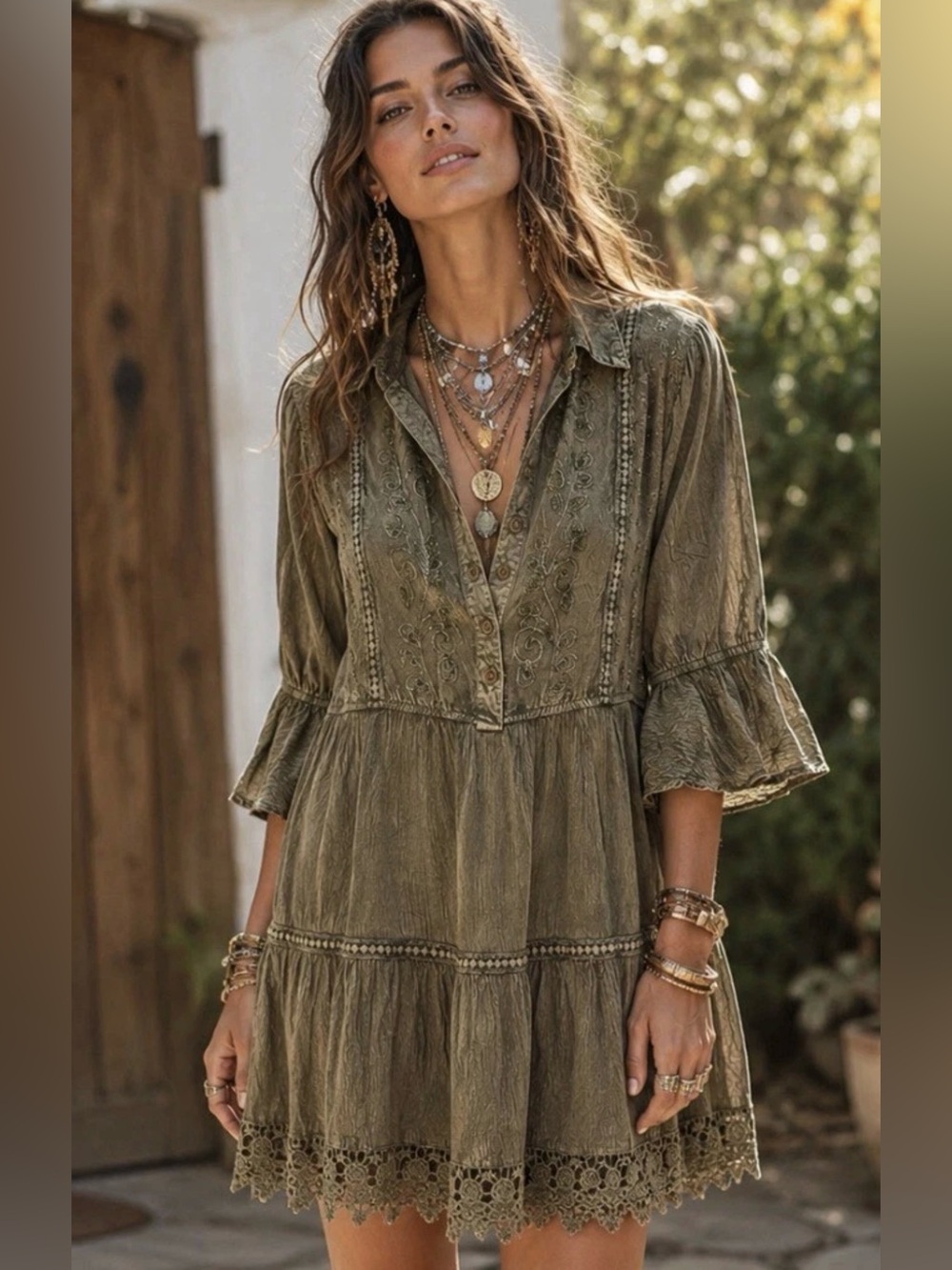 H045 NWT Young Threads 1X L XL pp 22 w18-23 Olive Embroidered Tiered Mini Dress